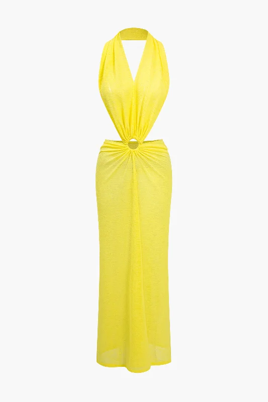 Early Access V-neck Backless Ring Halter Maxi Dress