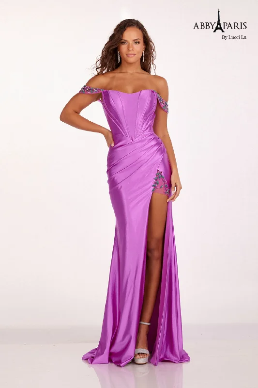 Act Fast Abby Paris 90206 Size 2 Red Fitted Satin Prom Dress Beaded off the shoulder Maxi Slit Formal Corset Gown