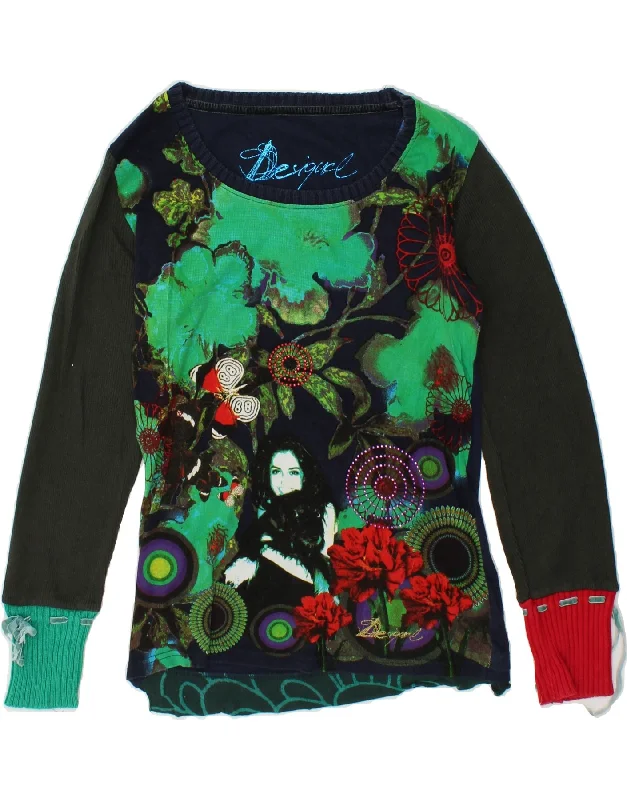 Unmissable Offer DESIGUAL Womens Graphic Boat Neck Jumper Sweater UK 14 Large Multicoloured
