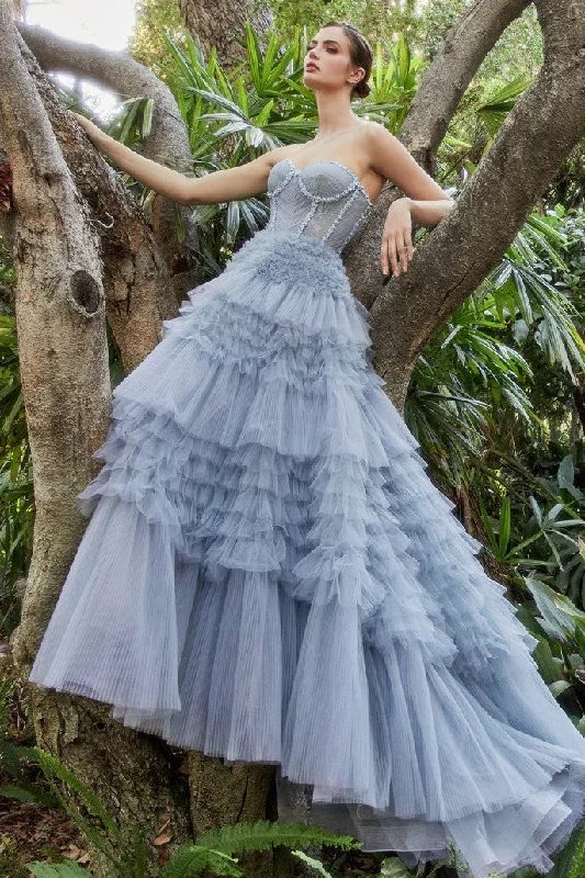 Time-Limited Offer Andrea & Leo Couture A1017 Size 8 Blue Luxurious Prom Dress Long Layer Pleated Ruffle Ballgown Lace Corset Formal Gown
