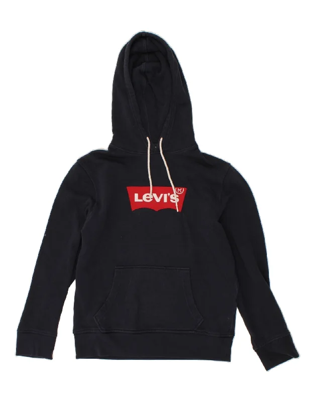 Price Slash LEVI'S Womens Graphic Hoodie Jumper UK 10 Small Navy Blue Cotton