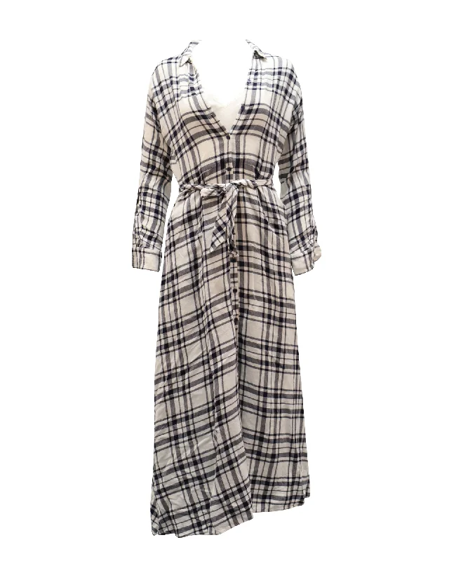 YEAR-End Clearance Theory Checkered V-Neck Longsleeve Maxi Dress in White Viscose