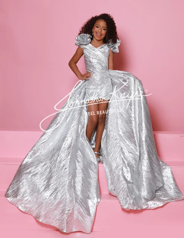 Online Only Sugar Kayne C364 Girls Pageant Crystal Romper Metallic Ruffle Shoulders Overskirt Formal