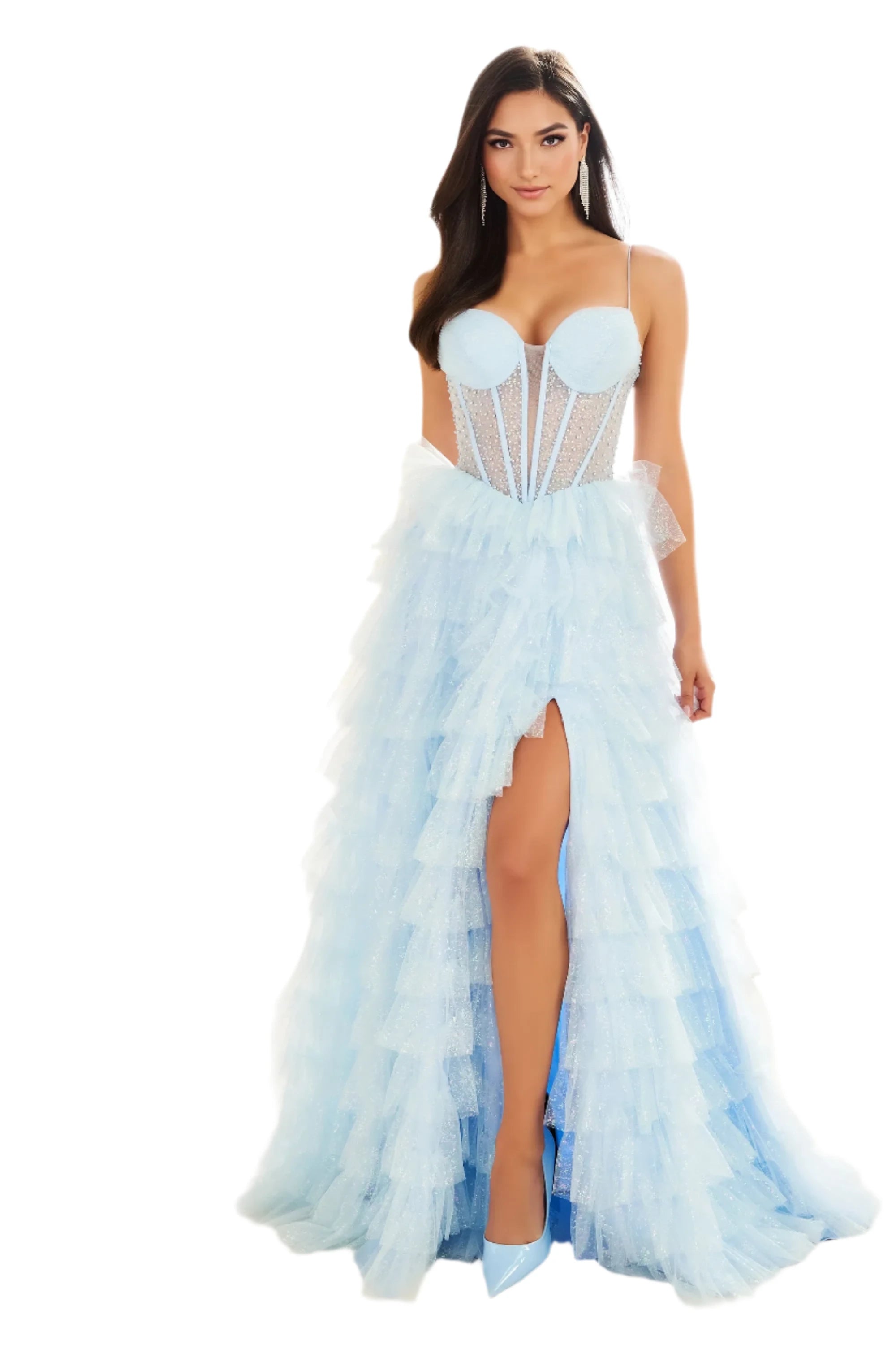 Special Discount Ellie Wilde EW36029 Size 4 Ice Blue Sheer Corset Layered slit Prom Dress Shimmer Pearl Pageant Gown Formal