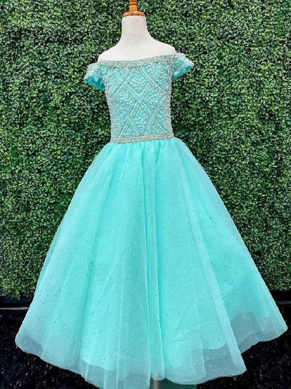 Crazy Deals Tiffany Princess 13722 Size 2 Aqua Girls Pageant Dress Beaded Off The Shoulder Tulle A Line Ballgown
