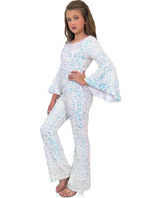 Price Buster Marc Defang 8225K Size 16 White Girls Velvet Sequin Pageant Jumpsuit Long Bell Sleeve Fun Fashion