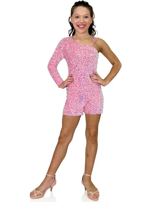 Stock Clearance Marc Defang 8048K Size 6 Red Girls Pageant Romper Velvet Sequined One Shoulder Long Sleeve Fun Fashion