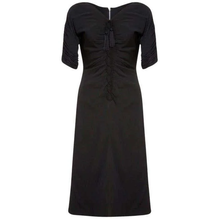 Big Discounts 1950s Black Jersey and Twisted Tassel Wiggle Dress