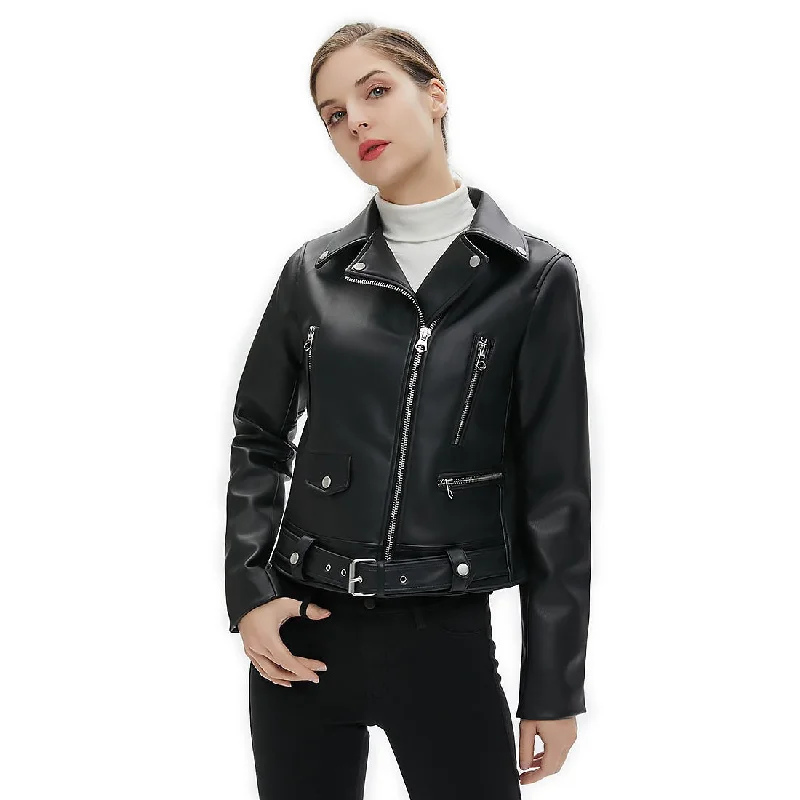 Price Slash Women Faux Leather Jacket With Belt / Biker Jackets in Classic Rock Style / Rock Clothing