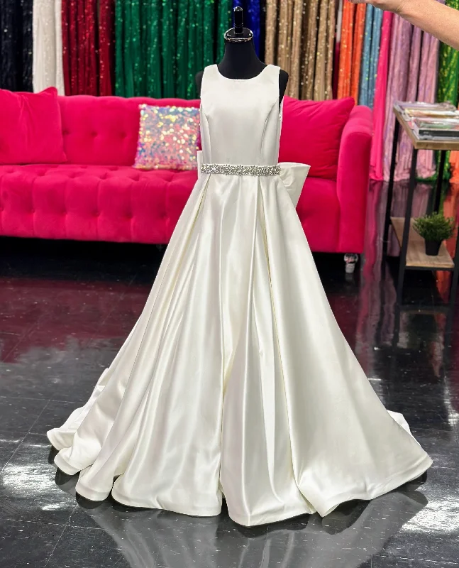 Price Drop Ashley Lauren 8079 Size 12 Ivory Long satin A Line girls Pageant Dress High Neck Bow Formal Gown