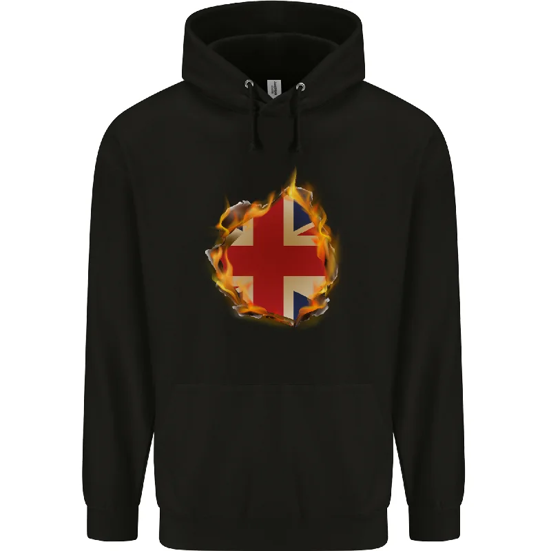 Huge Savings Union Jack Flag Fire Effect Great Britain Mens 80% Cotton Hoodie