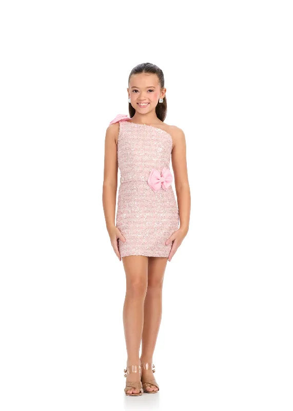 Price Buster Ashley Lauren Kids 8303 Size 10 Pink Girls Tweed Cocktail Dress Bow One shoulder Interview Formal Appearance