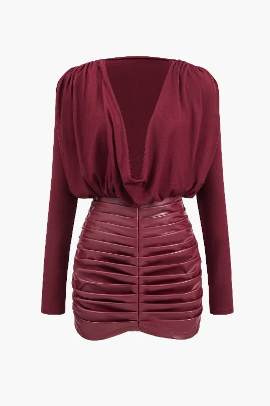 Bargain Blast Faux Leather Patchwork Long Sleeve Draped Cowl Neck Mini Dress