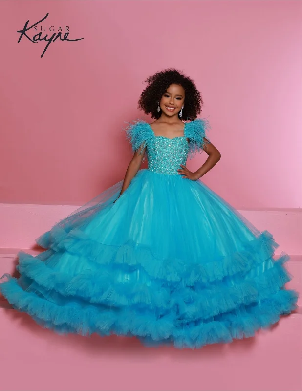 Savings Alert Sugar Kayne C327 Girls Preteens Pageant Dress Feather Straps Tiered Ruffle Bottom Crystal Stone Bodice