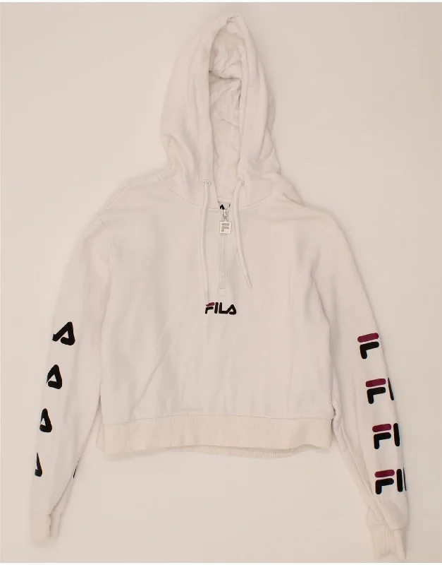 Members Only FILA Womens Oversized Graphic Crop Hoodie Jumper UK 6 XS White Cotton