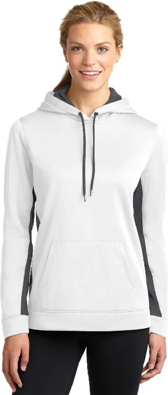 Bargain Prices Sport-Tek LST235 Ladies Sport-Wick Fleece Colorblock Hooded Pullover - White Dark Smoke Gray