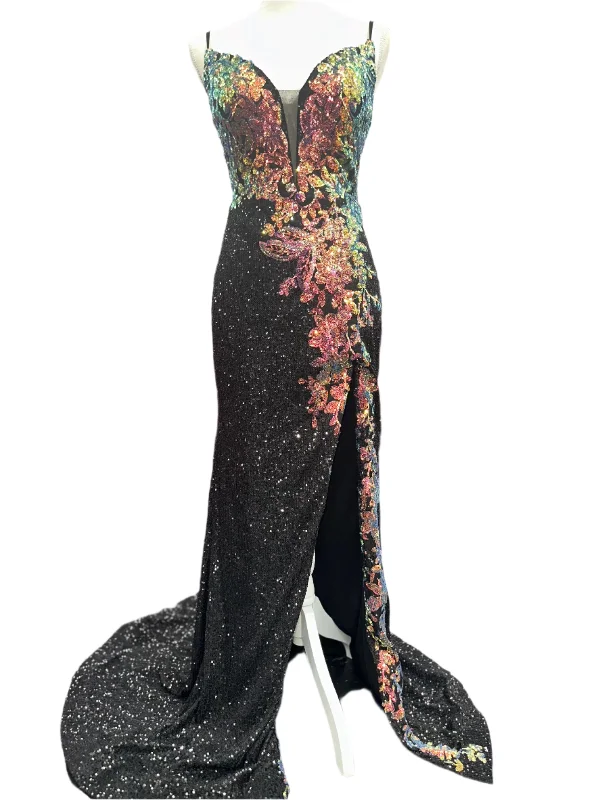 Limited Quantity Nina Canacci 6634 Size 4 Black Fitted Slit Prom Dress Multi Sequins sheer back Formal Evening Gown