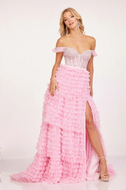 Online Only Cecilia Couture 2224 Size 0 Hot Pink Ruffle A Line Maxi Slit off the Shoulder Prom Dress Formal Corset Gown