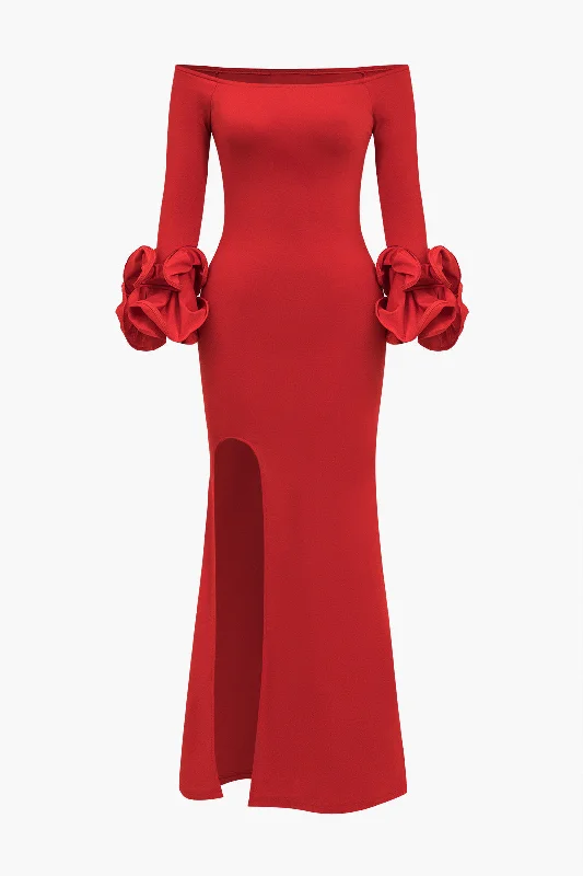 Special Savings Solid  Off Shoulder Side Slit Maxi Dress
