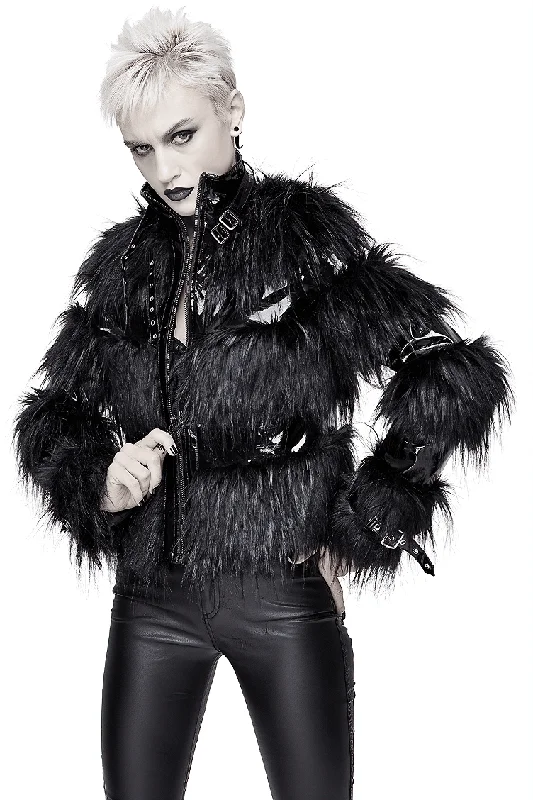 Steals and Deals Stylish Women's Jacket Decorated with a Fur / Shiny Pu Leather Jacket with Buckles on the Neck