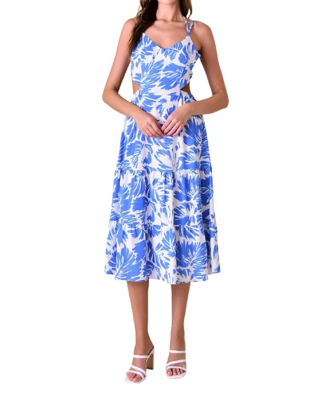 Anniversary Sale Floral Printed Cut-Out Midi Dress In Blue/white