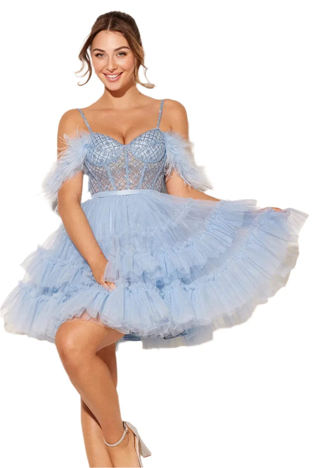 Extra Savings Lucci Lu 4210 Size 12 Blue Short Sheer Corset Homecoming Dress Feather off the shoulder cocktail Dress