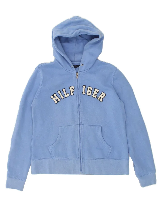 Savings Event TOMMY HILFIGER Womens Graphic Zip Hoodie Sweater UK 14 Medium Blue Cotton