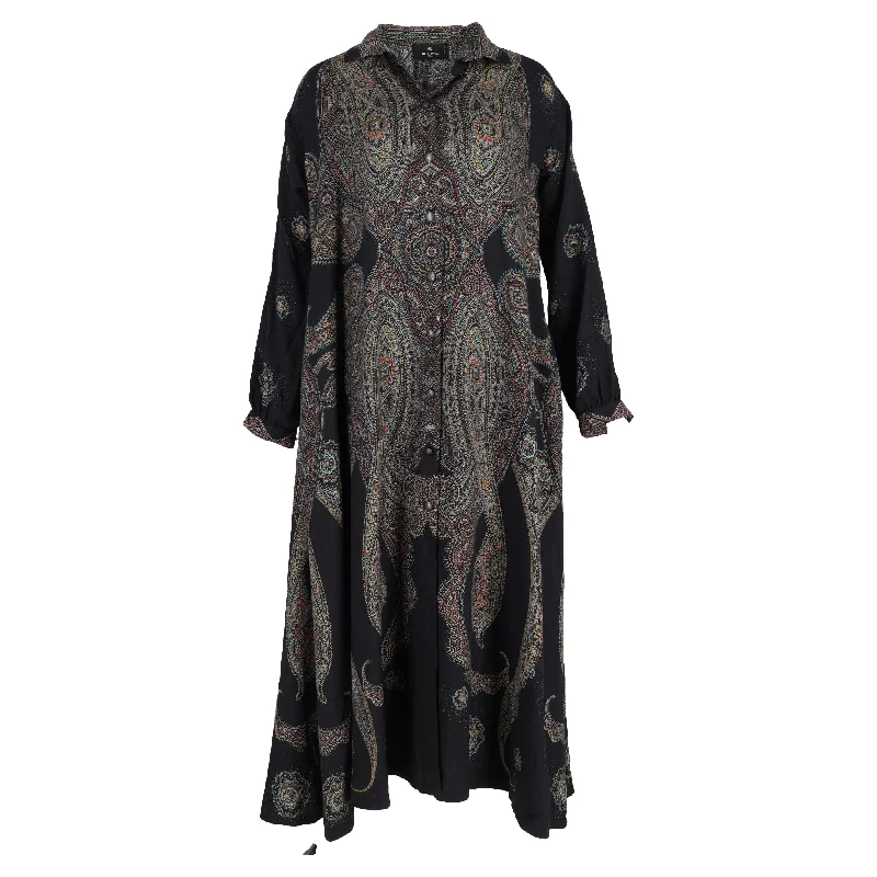 Clearance Sale Etro Paisley Print Midi Shirt Dress in Black Viscose
