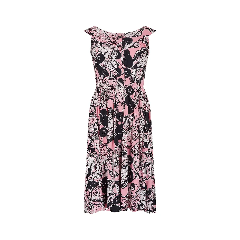 Grand Opening Sale 1950s Pink and Black Novelty Geisha Print Button Down Dress