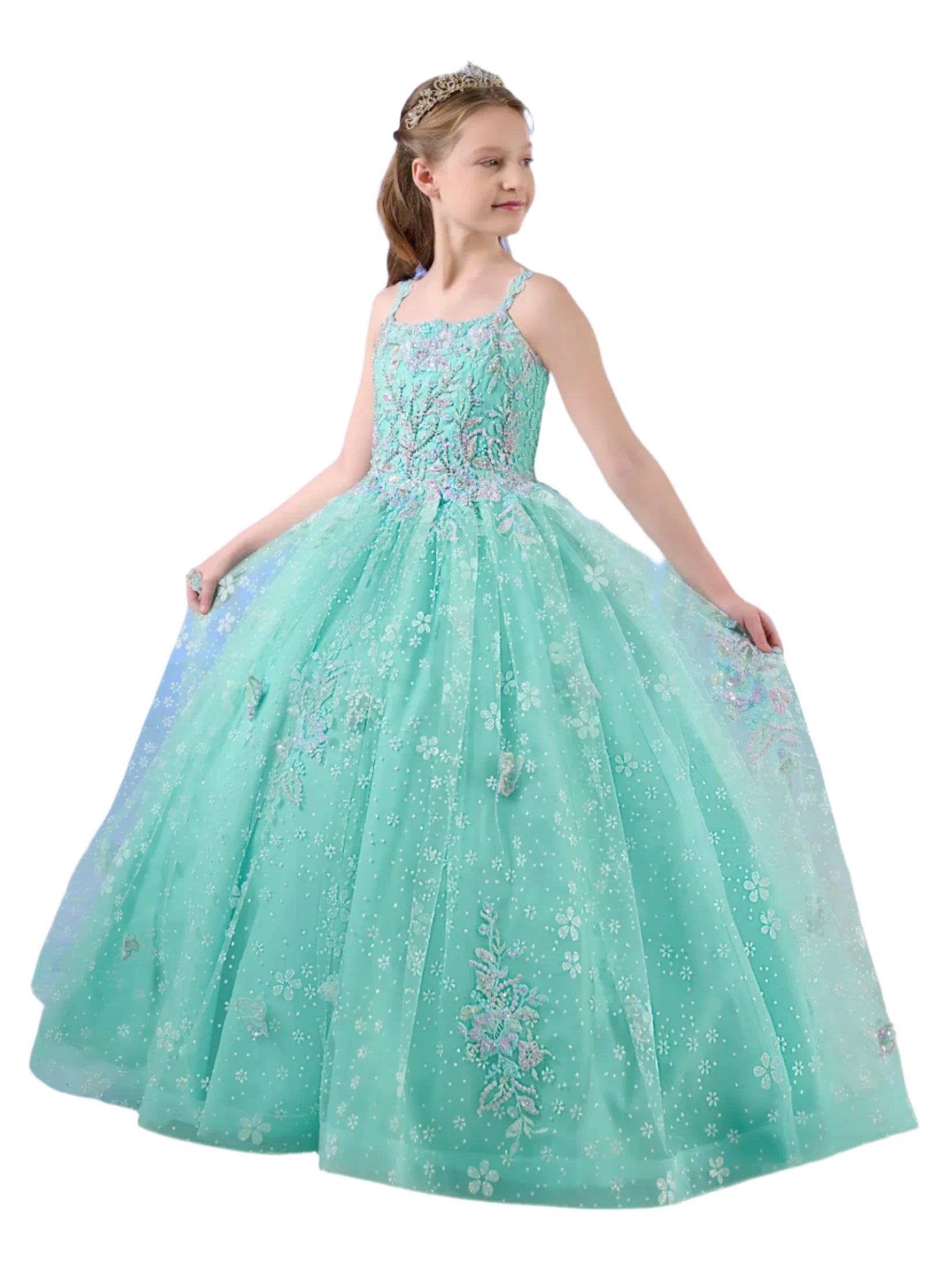 Don’t Miss Out Tiffany Princess 13759 Girls Pageant Dress Butterfly Scoop Neck Crystal Corset Long Gown