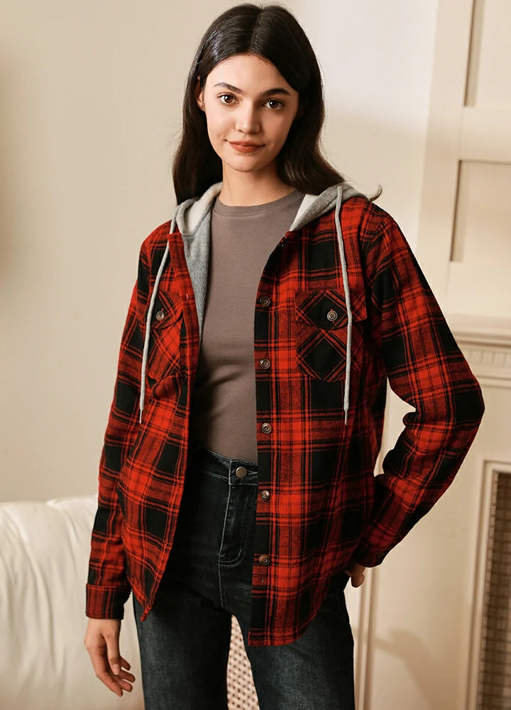 Sale Event Women's Fleece Lined Flannel Shirt,Button Down Plaid Hooded Jacket