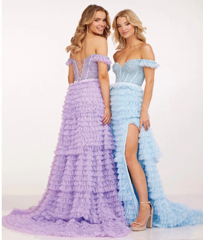 New Markdowns Cecilia Couture 2224 Size 4 Powder Blue Ruffle A Line Maxi Slit off the Shoulder Prom Dress Formal Corset Gown