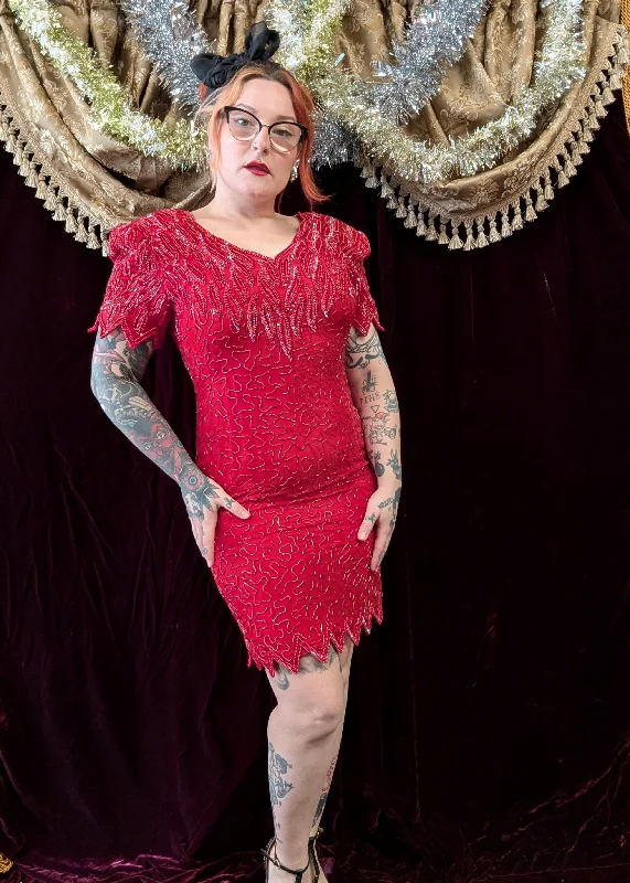 Clearance Event Vintage 90s Silk Red Beaded Dress