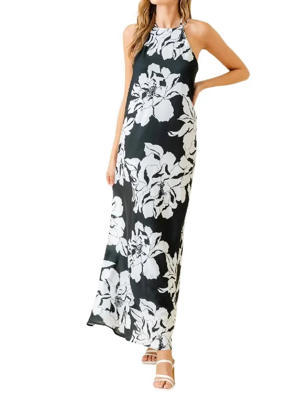 Weekend Special Floral Print Halter Neck Open Back Dress In Black/white
