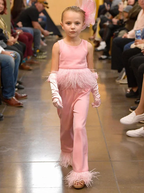 Seasonal Clearance Marc Defang 8195K Girls Two Piece Feather Jumpsuit Pageant Scuba Interview Formal