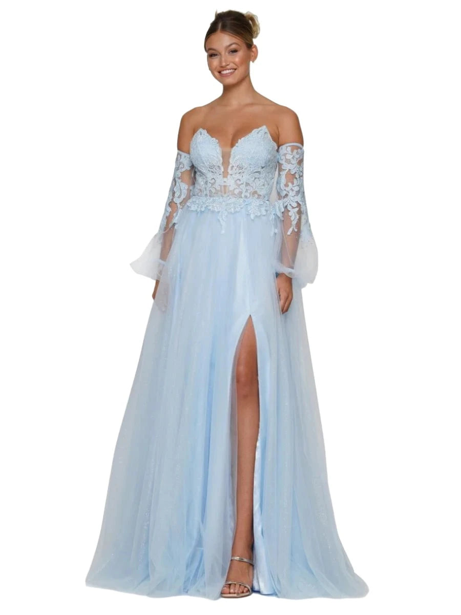 Inventory Reduction Colors 2337 Size 4,8 Light Blue Prom Dress Sheer Lace A Line Long Sleeve Shimmer Slit Corset Formal Gown