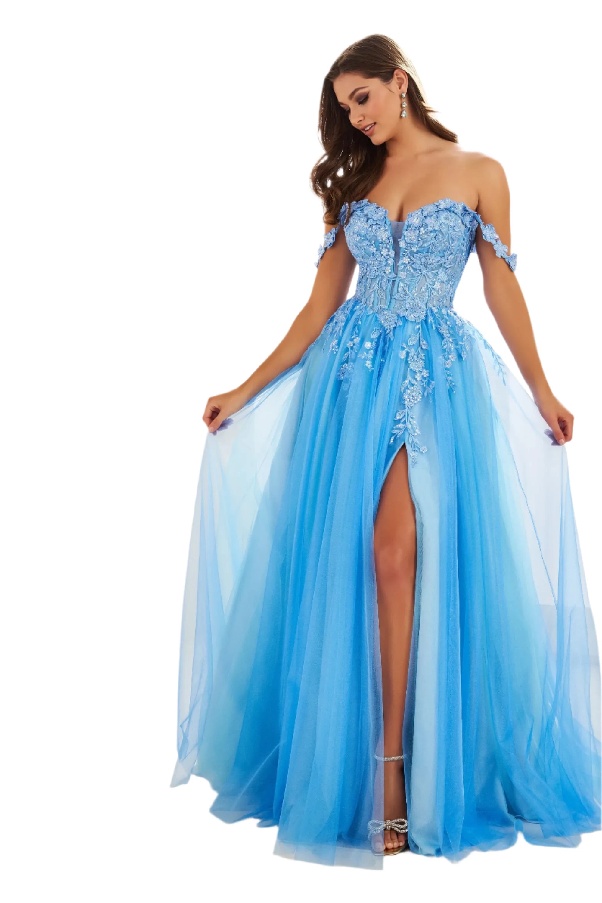 Markdowns Ellie Wilde EW36214 Size 0,10 Blue Long Maxi Slit Prom Dress Sheer Laced Corset off the shoulder Formal Gown