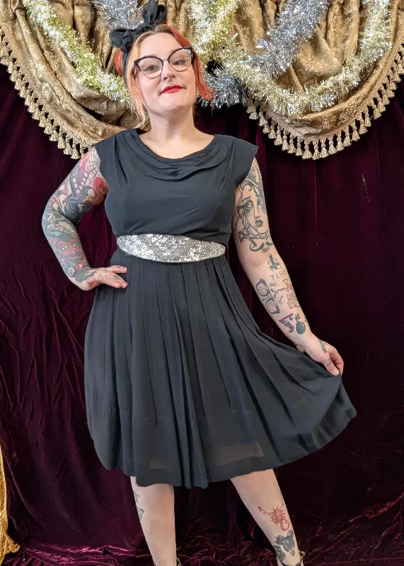 Price Drop Vintage 50s Black Chiffon Pleated Dress