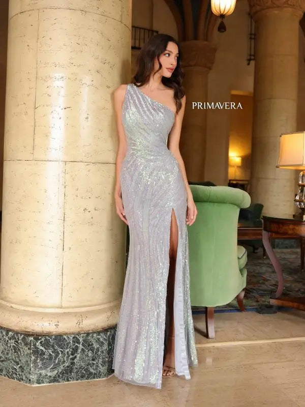 Price Buster Primavera Couture 4152 Size 8 Platinum Asymmetrical Back Lace Up Fitted High Slit Sequin Beaded Formal Pageant Gown Price Buster Primavera Couture 4152 Size 8 Platinum Asymmetrical Back Lace Up Fitted High Slit Sequin Beaded Formal Pageant Gown