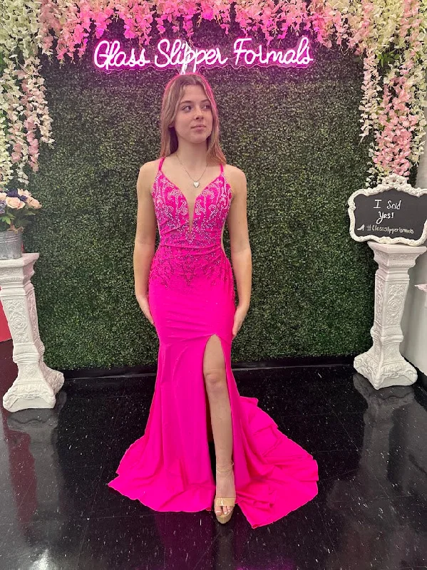 Limited Availability Amarra 20019 Size 2, 10 Bright Pink Prom Dress Embellished fitted jersey with a plunging V neckline bodice, lace up back, and a slit skirt.