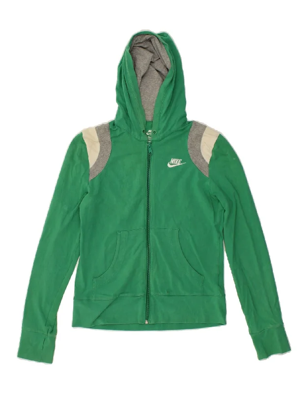 Price Meltdown NIKE Womens Zip Hoodie Sweater UK 10/12 Medium Green Colourblock Cotton