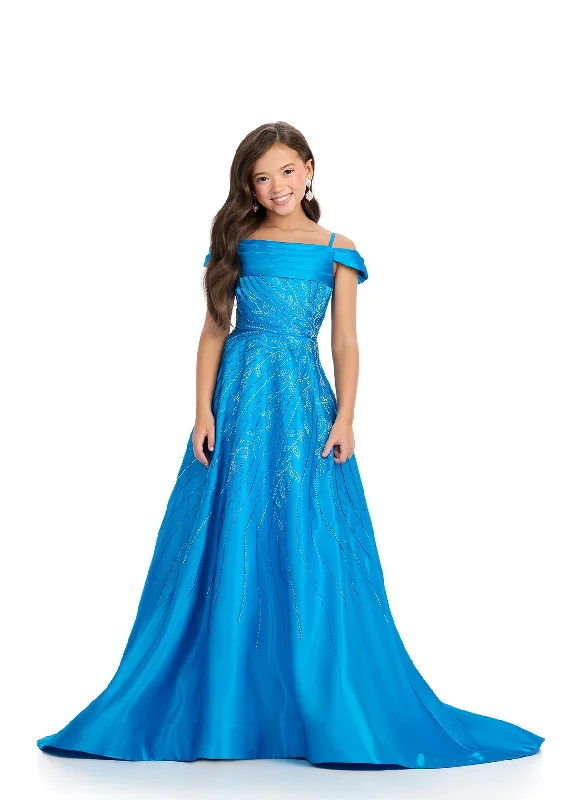 Weekend Special Ashley Lauren Kids 8317 Girls Long Satin Pageant Dress Crystal off the shoulder Gown Teen