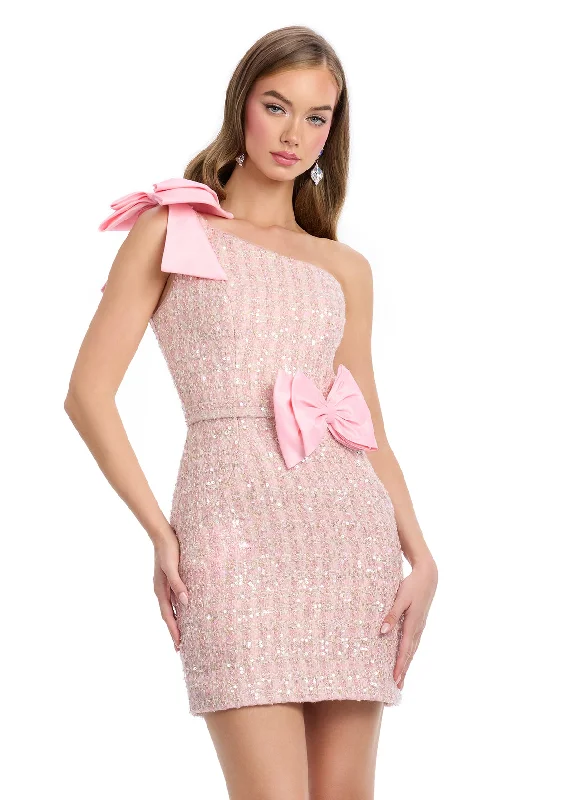 Seasonal Clearance Ashley Lauren 4806 Size 4 Pink Short Tweed Bow Cocktail Dress One shoulder Shimmer Pageant Interview formal wear