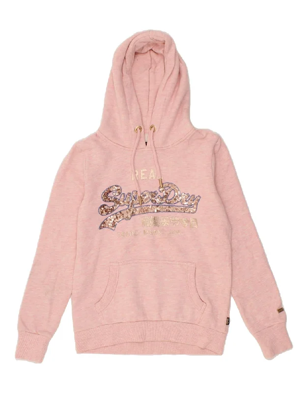 Weekend Flash Sale SUPERDRY Womens Graphic Hoodie Jumper UK 10 Small Pink Cotton