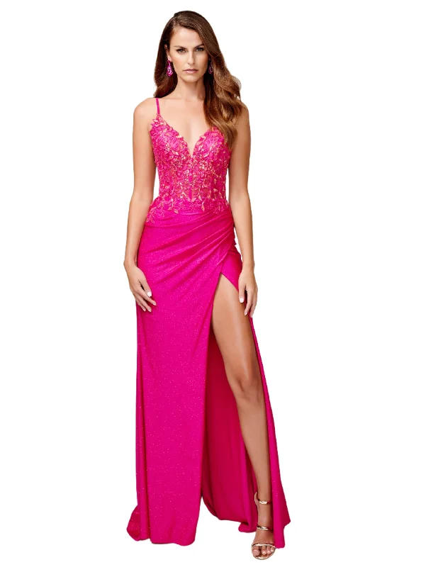 Discount Days Nina Canacci 3260 Size 4 Fuchsia Sheer Sequin Lace Corset Prom Dress Slit Shimmer Formal Gown