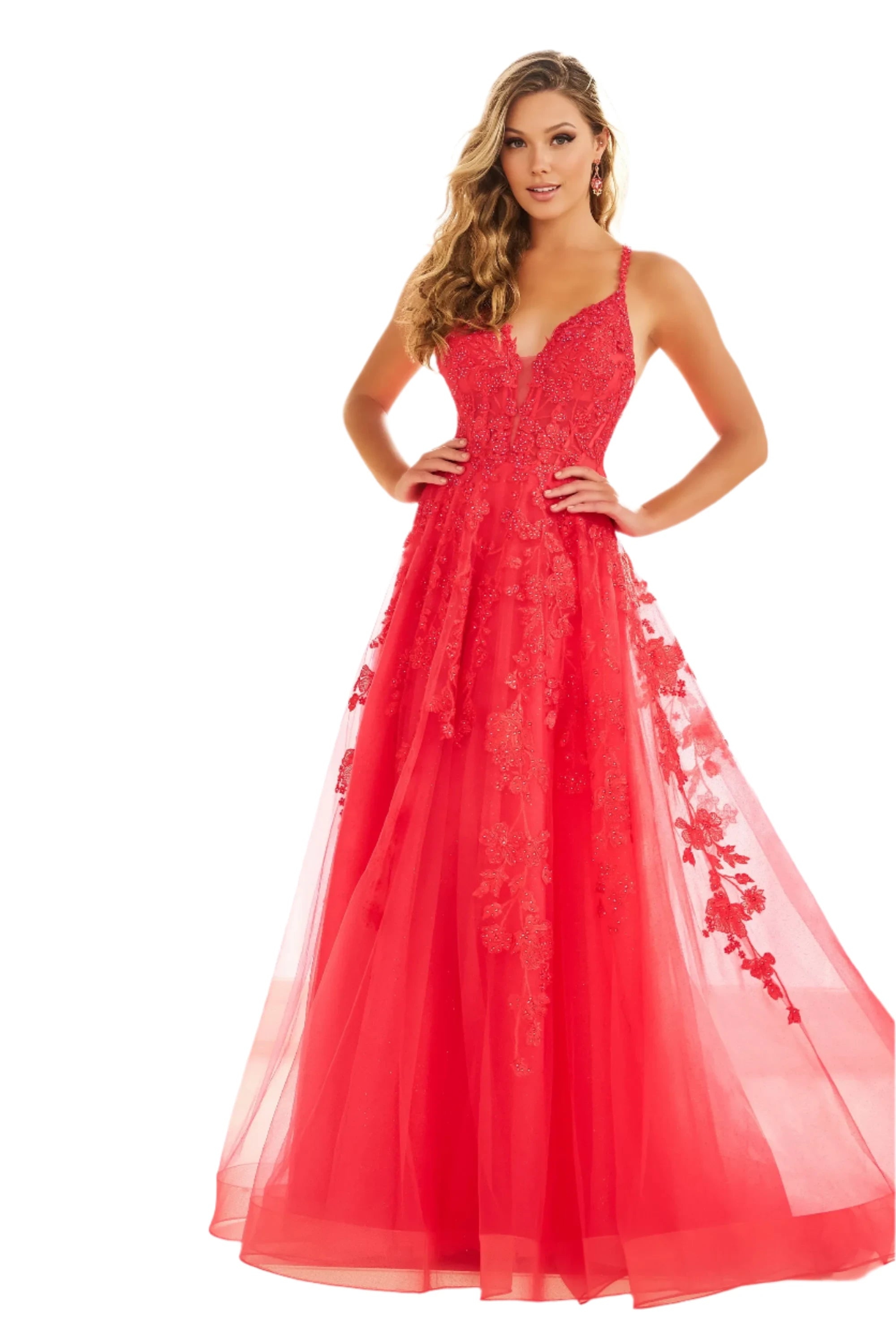 Seasonal Sale Ellie Wilde EW36015 Size 12 Strawberry Long sheer lace A Line Prom Dress Shimmer Pageant Gown Formal Ballgown