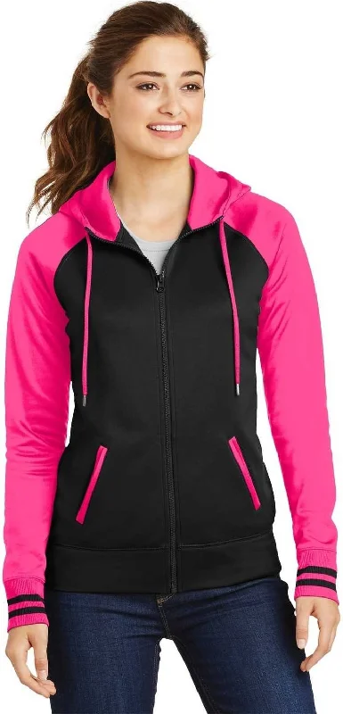 Can't Miss Sport-Tek LST236 Ladies Sport-Wick Varsity Fleece Full-Zip Hooded Jacket - Black Neon Pink