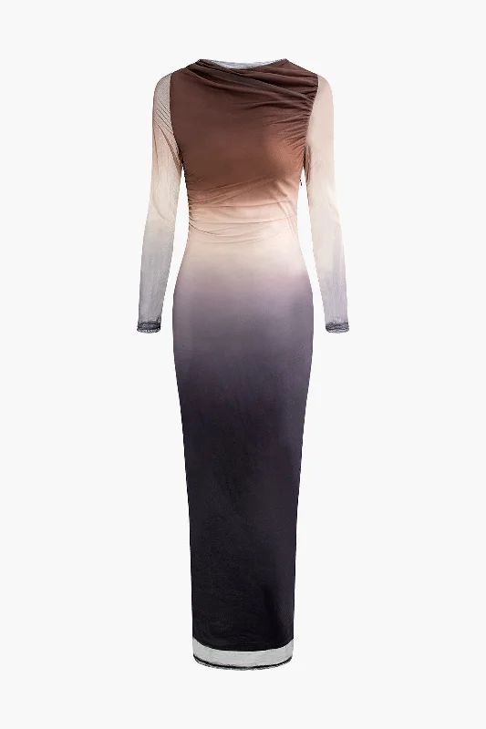 Warehouse Sale Tie Dye Ruched Mesh Long Sleeve Maxi Dress