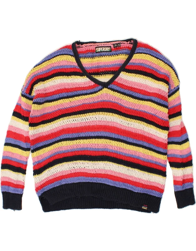 Deal of the Day SUPERDRY Womens V-Neck Jumper Sweater UK 12 Medium  Multicoloured Striped