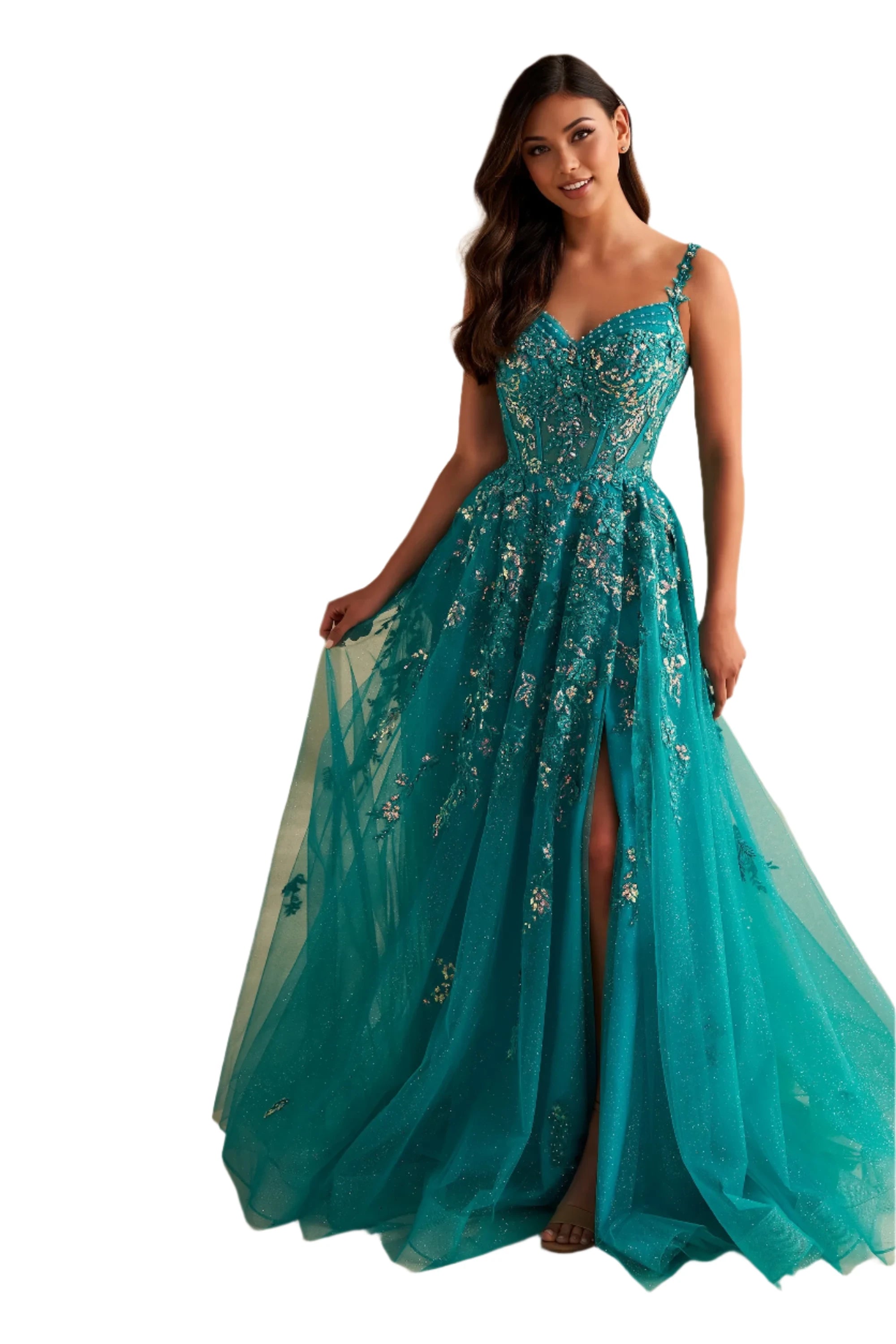 Quick Sale Ellie Wilde EW36204 Size 2 Jade Sequin Lace sheer Corset Slit Prom Dress Beaded off the shoulder Gown